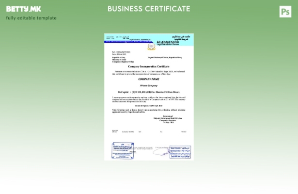 модерен стил Сертификат за основање на компанија во Ирак Шаблон за Word и PDF